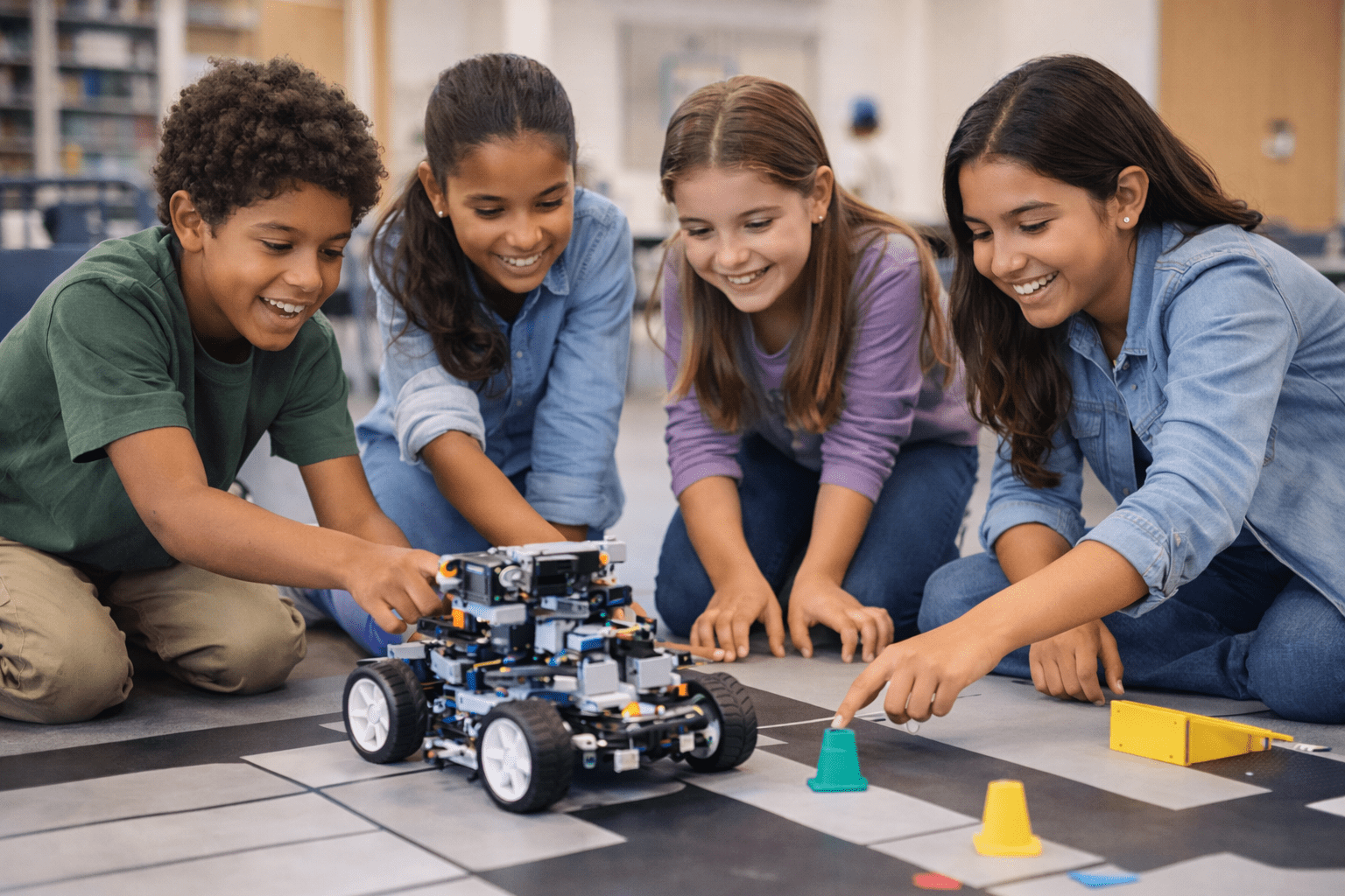 Students testing or demonstrating their finished robot