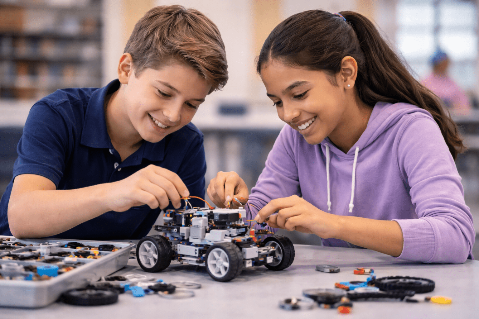 Students assembling a robot during summer camp