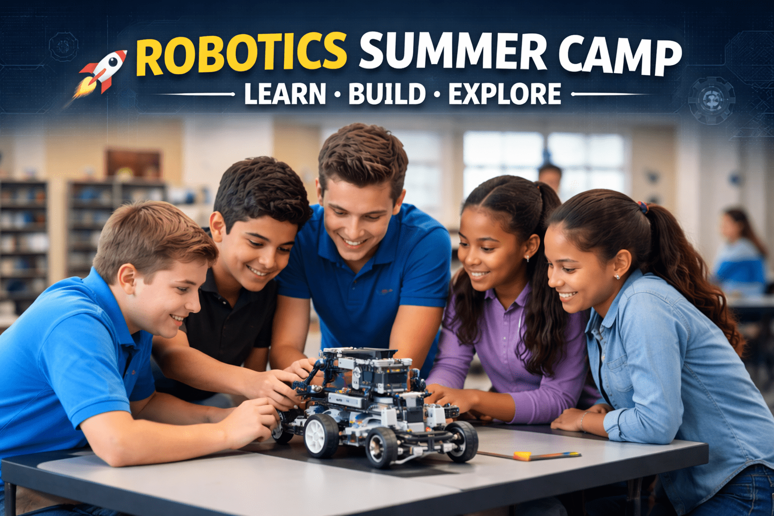 Students working together on a robotics project at summer camp